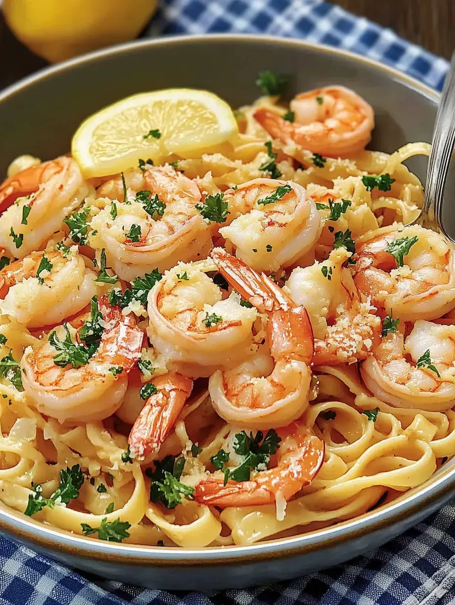 Un bol alléchant de linguine aux crevettes, orné d'un quartier de citron et de persil fraîchement ciselé.
