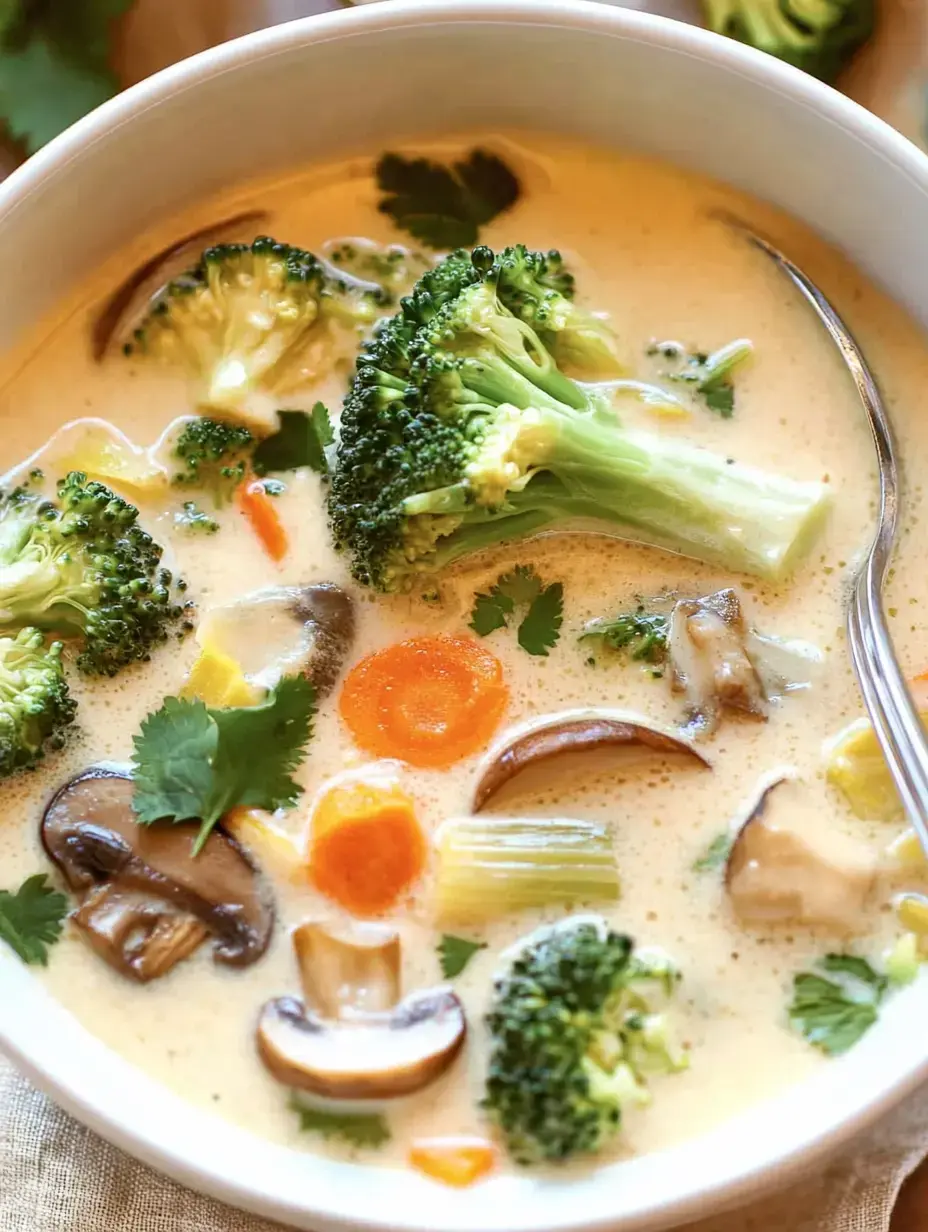 Un bol rempli de soupe veloutée avec des légumes comme brocoli, carottes, champignons et coriandre.