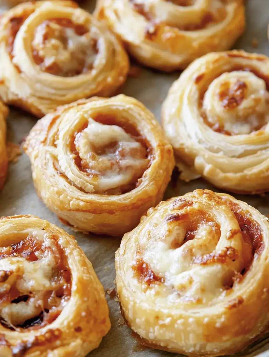 Des pâtisseries en spirale tout juste sorties du four avec du fromage fondu et sauce tomate qui donnent envie.