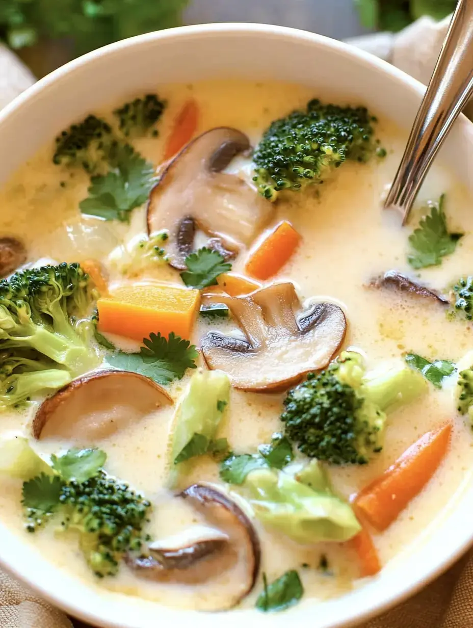Un bol de velouté aux légumes garni de brocoli, carottes, champignons et coriandre fraîche.