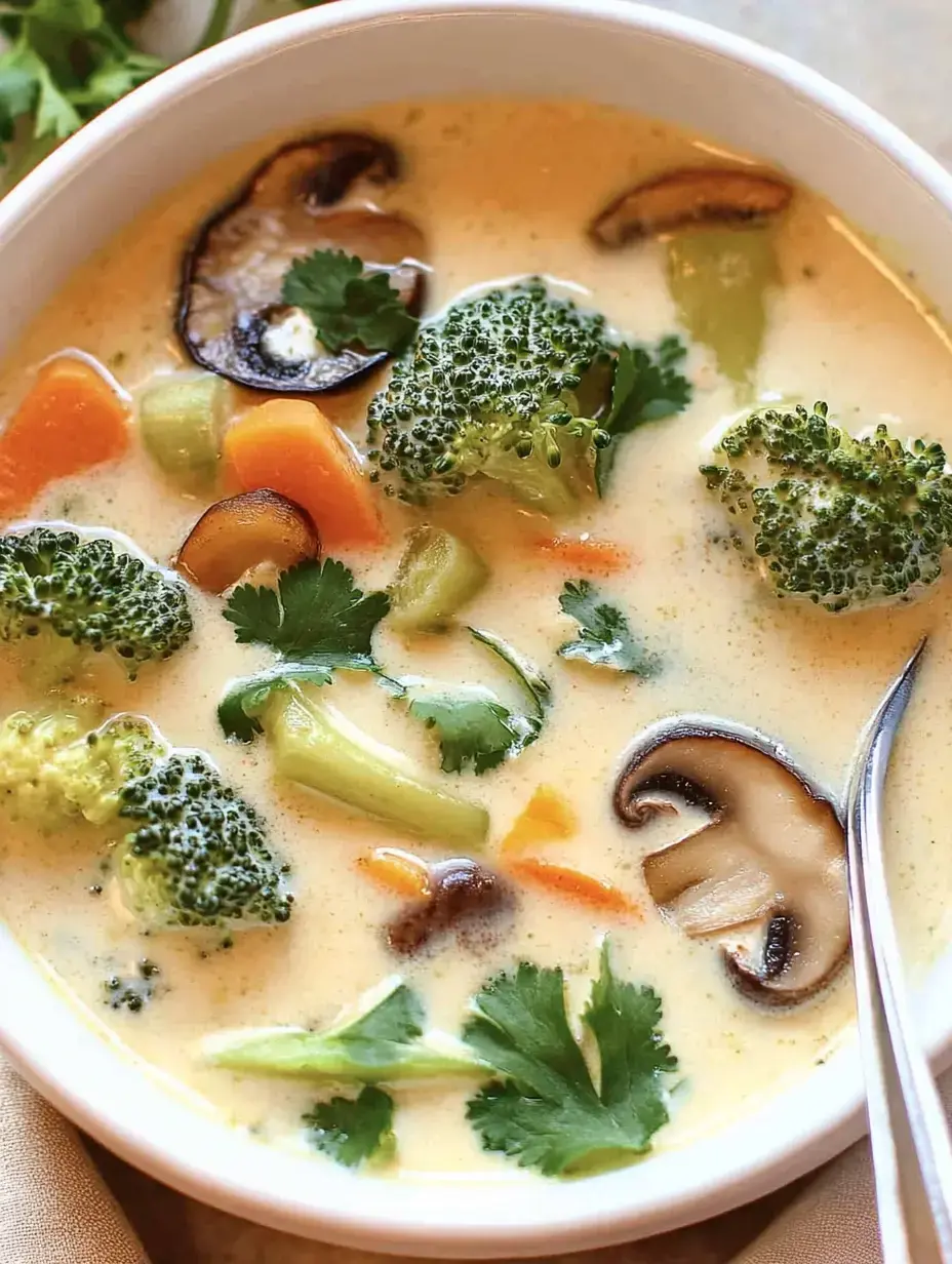 Une soupe veloutée contenant brocoli, carottes, céleri et champignons, décorée de coriandre.