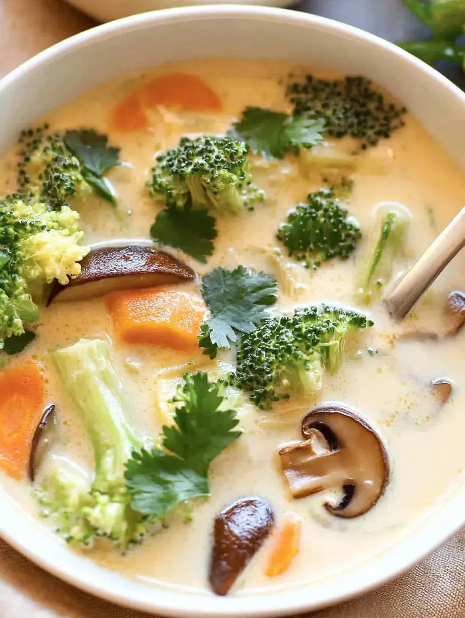 Un bol de soupe onctueuse aux légumes comprenant brocoli, carottes, champignons et coriandre fraîche.