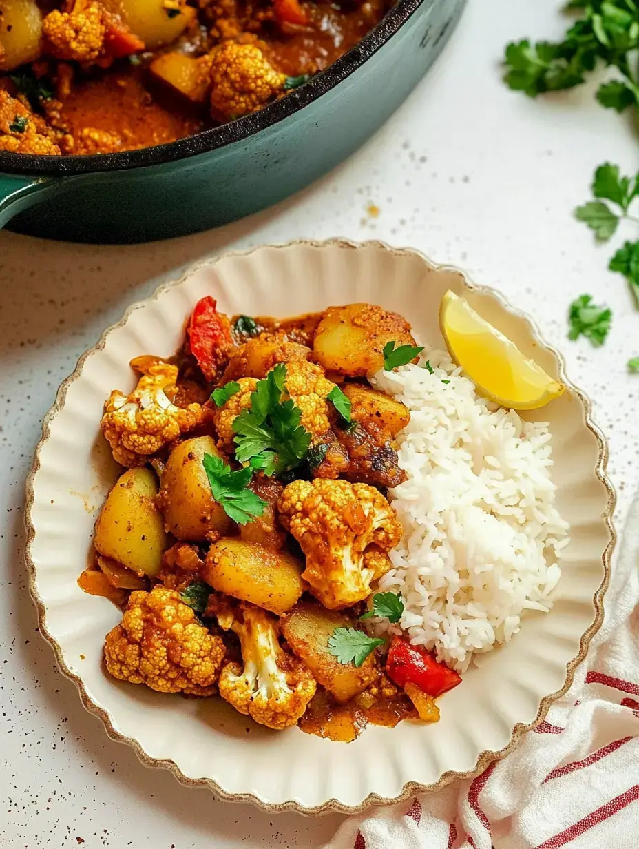 Une assiette de chou-fleur, pommes de terre et tomates dans une sauce épicée, servie avec du riz basmati et une tranche de citron.