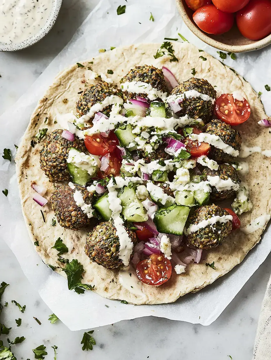 Une galette garnie de falafels, crudités comme tomates et concombres avec sauce yaourt posée sur une table.