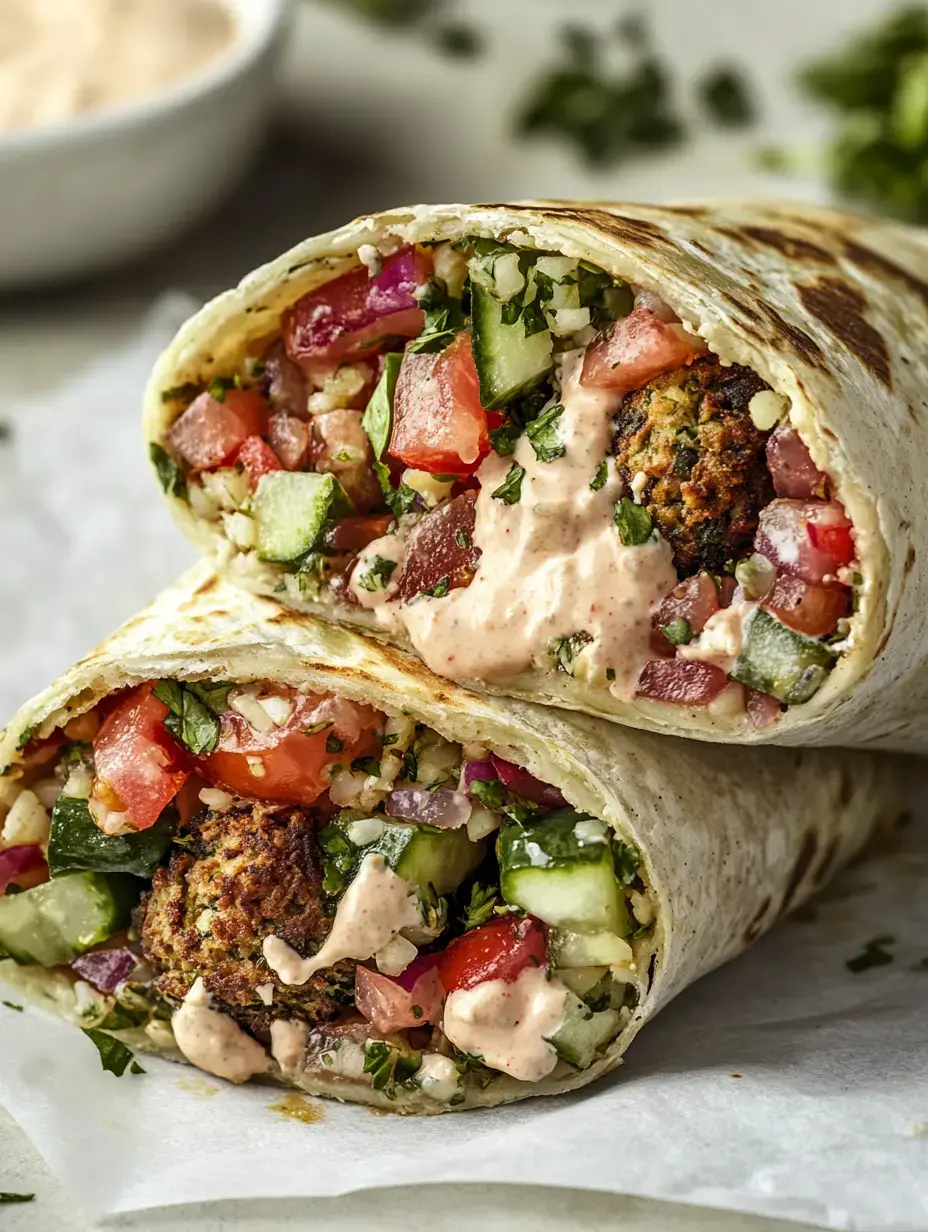 Deux sandwichs roulés farcis de légumes frais, herbes et sauce onctueuse.