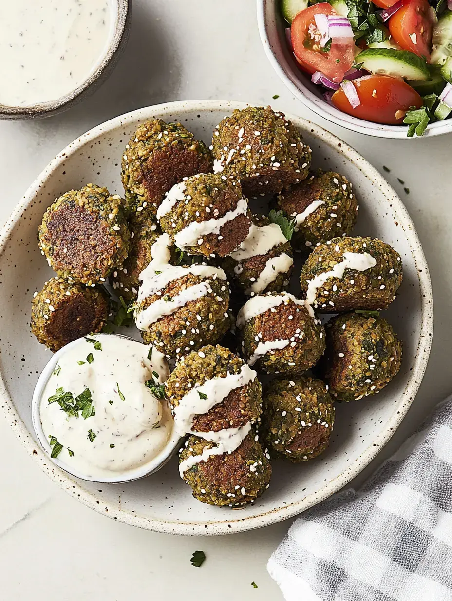 Un plat de boulettes de falafels dorées, accompagnées de sauce au yaourt et verdures fraîches.