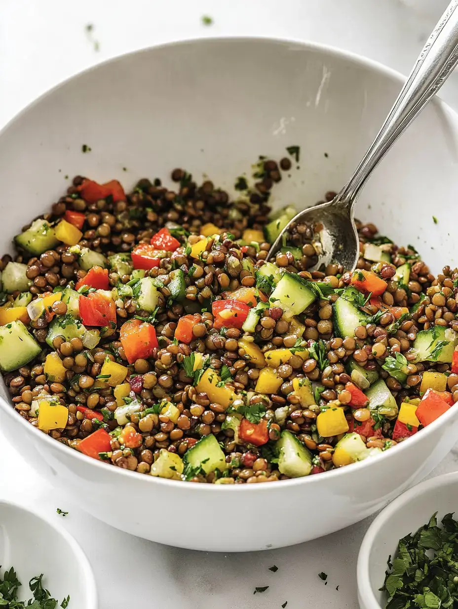 Un bol rempli de salade de lentilles, garnie de poivrons en dés, concombres et herbes fraîches.