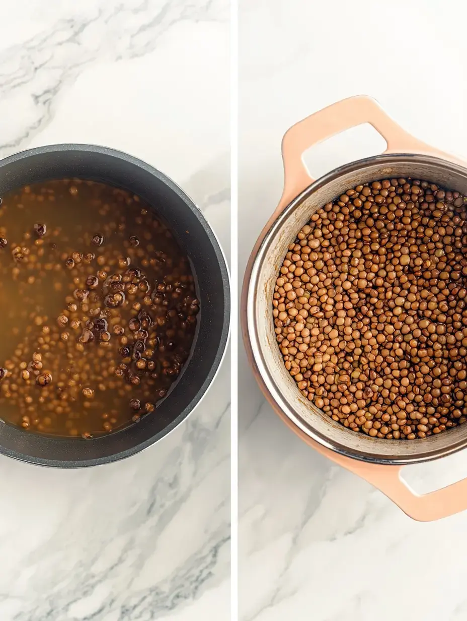 Une casserole contenant des lentilles trempées à gauche et une casserole avec des lentilles cuites à droite.