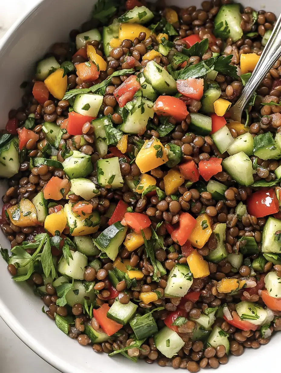 Un bol contenant une salade multicolore de lentilles, concombres, tomates, poivrons et herbes fraîches.