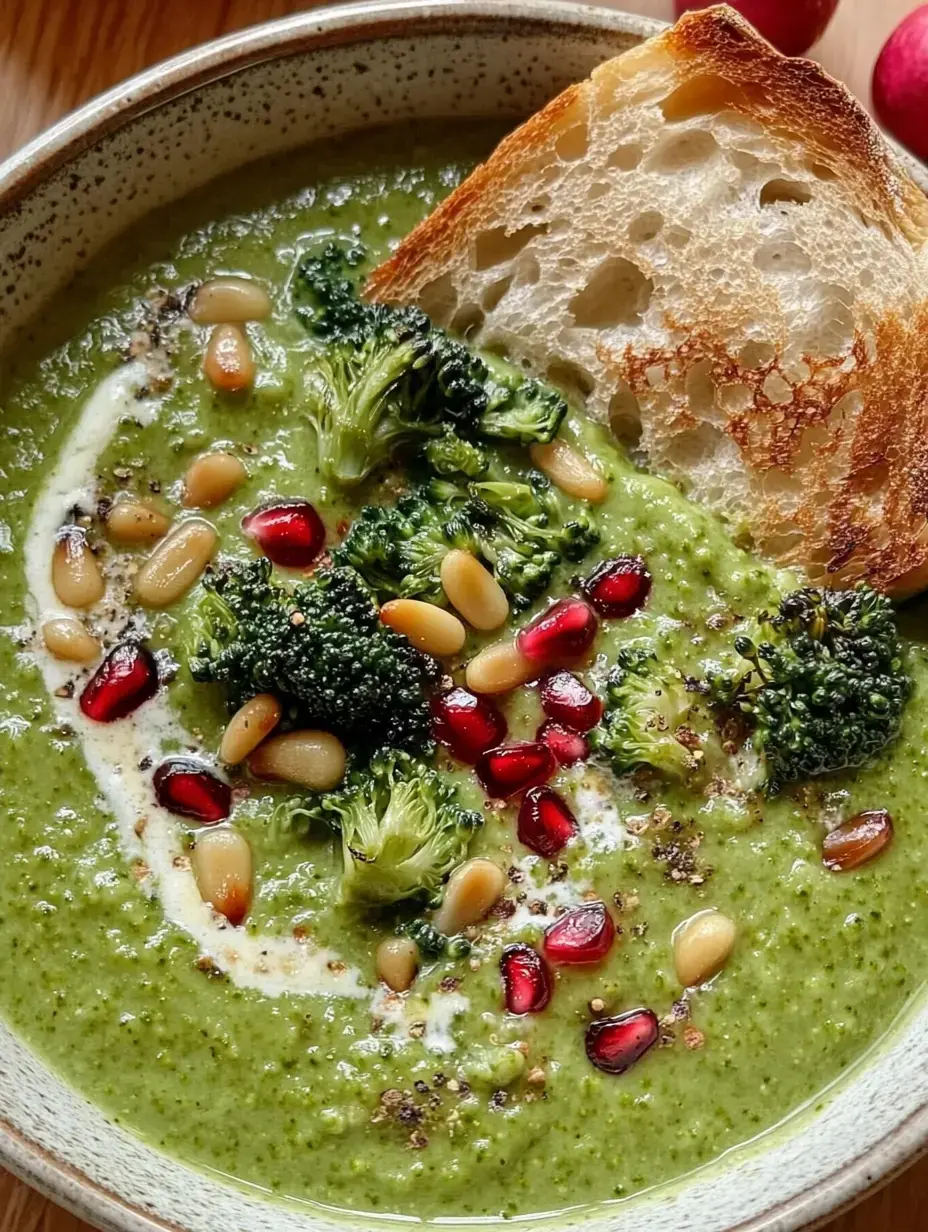 Un bol de soupe crémeuse au brocoli, garnie de pignons, graines de grenade et un morceau de pain grillé.
