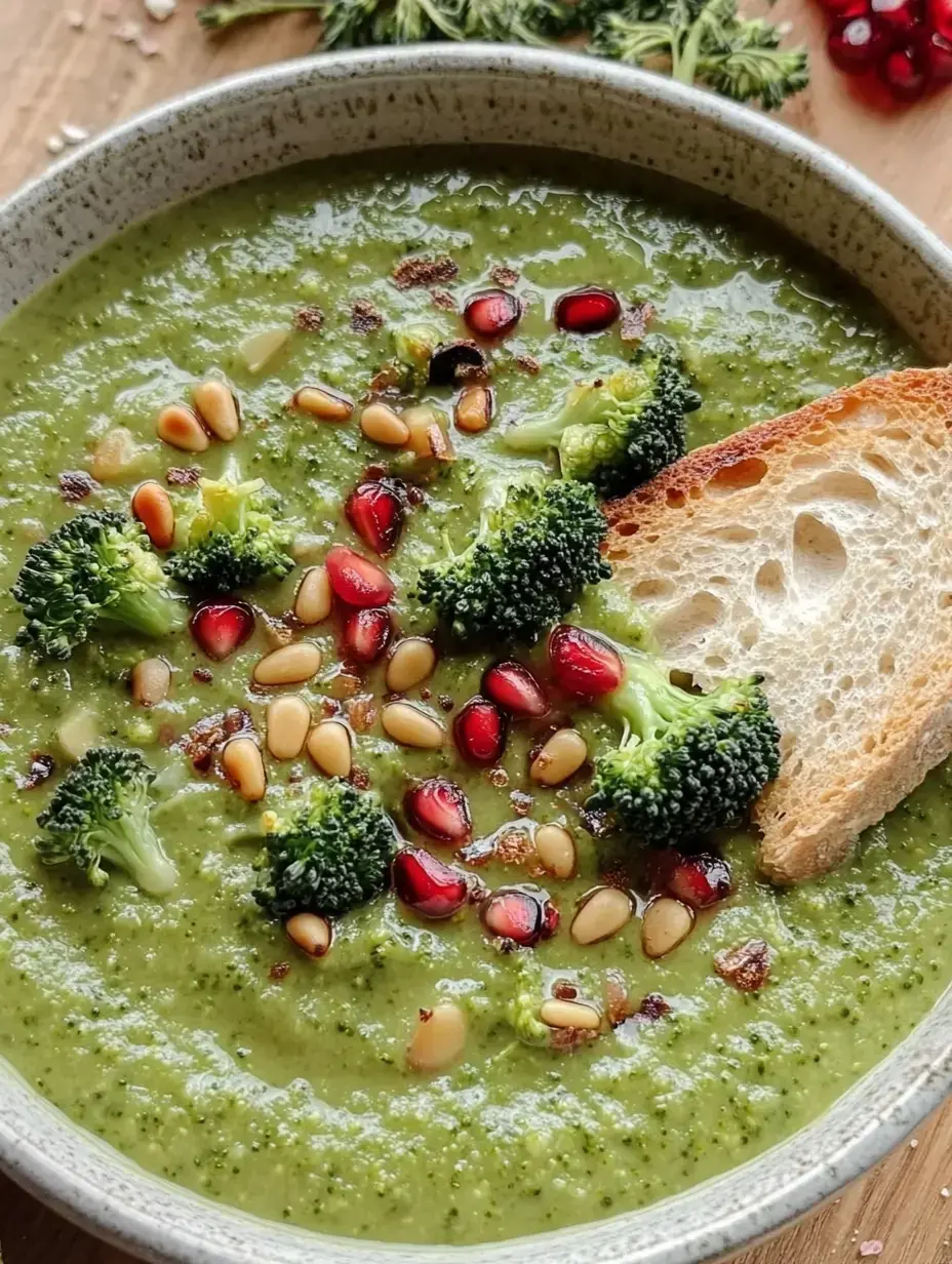 Un bol de soupe verte au brocoli, garnie de brocoli, graines de grenade, pignons et une tranche de pain.