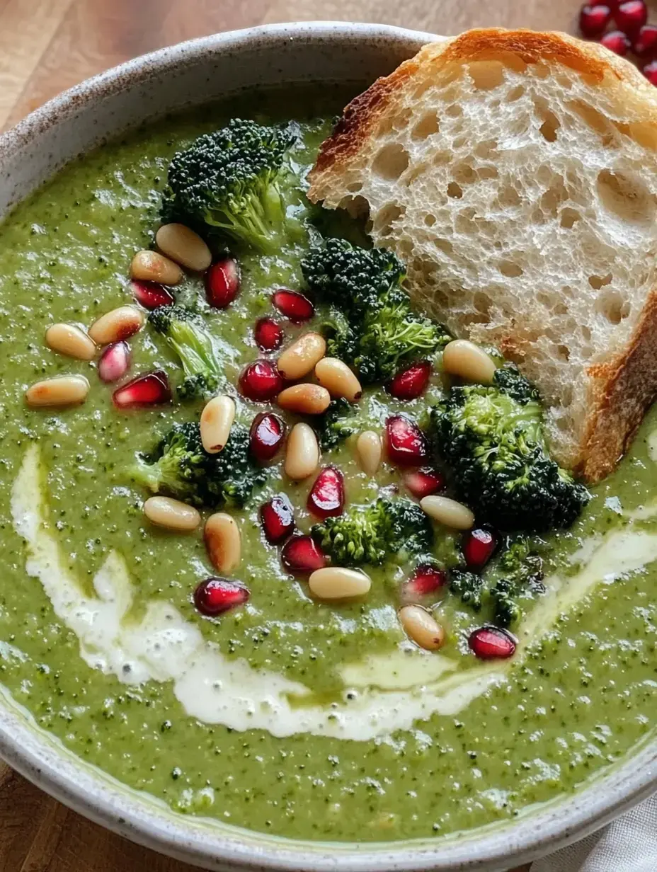 Un bol de soupe verte, garnie de brocoli, graines de grenade, pignons et une tranche de pain.
