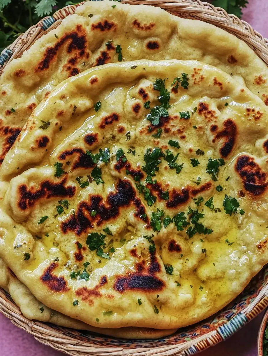 Un assortiment de naans tout chauds dans un panier, parsemés de coriandre et légèrement huilés.