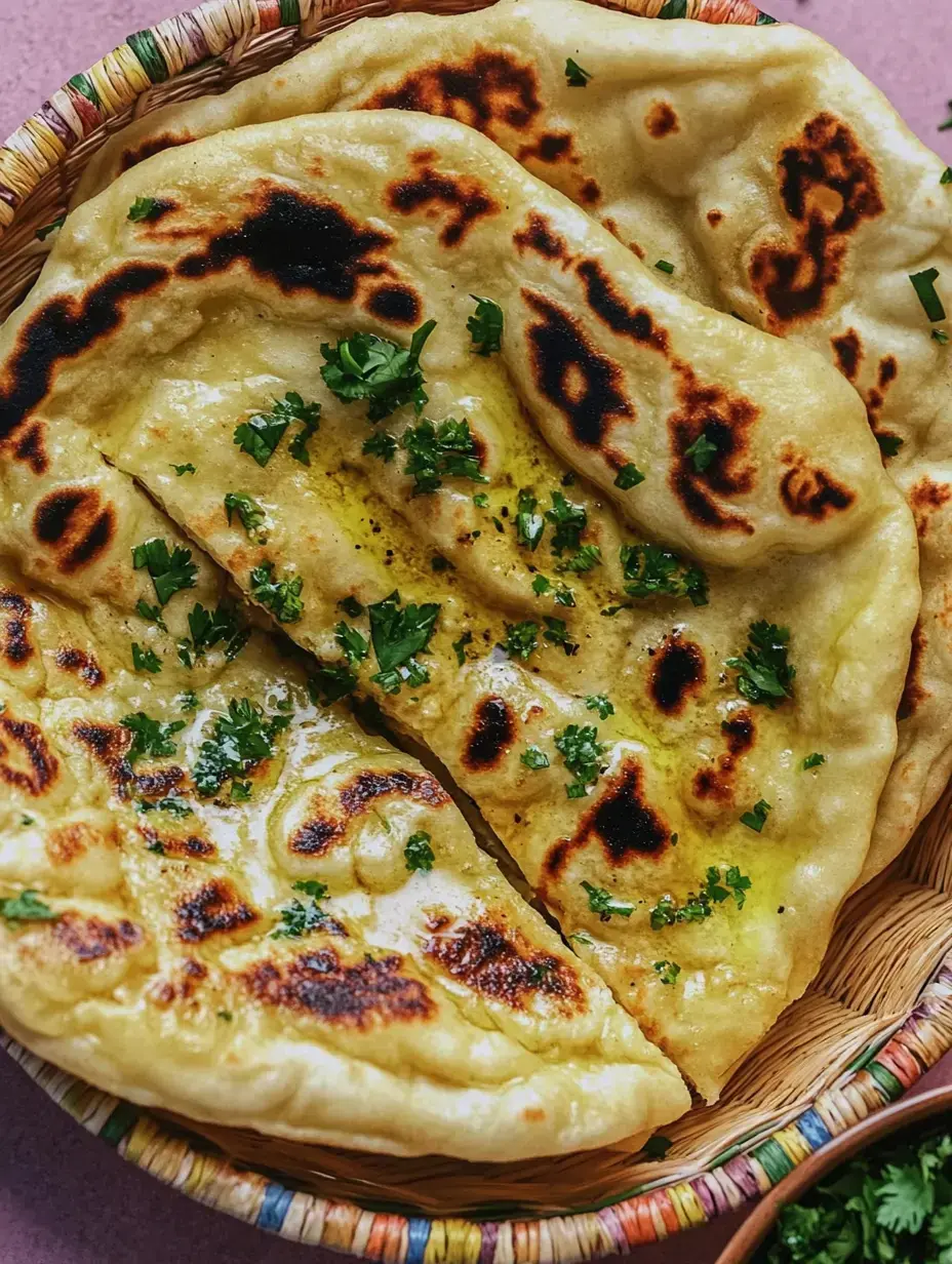 Des naans tout frais dans un joli panier, garnis de coriandre verte et d'un filet d'huile.