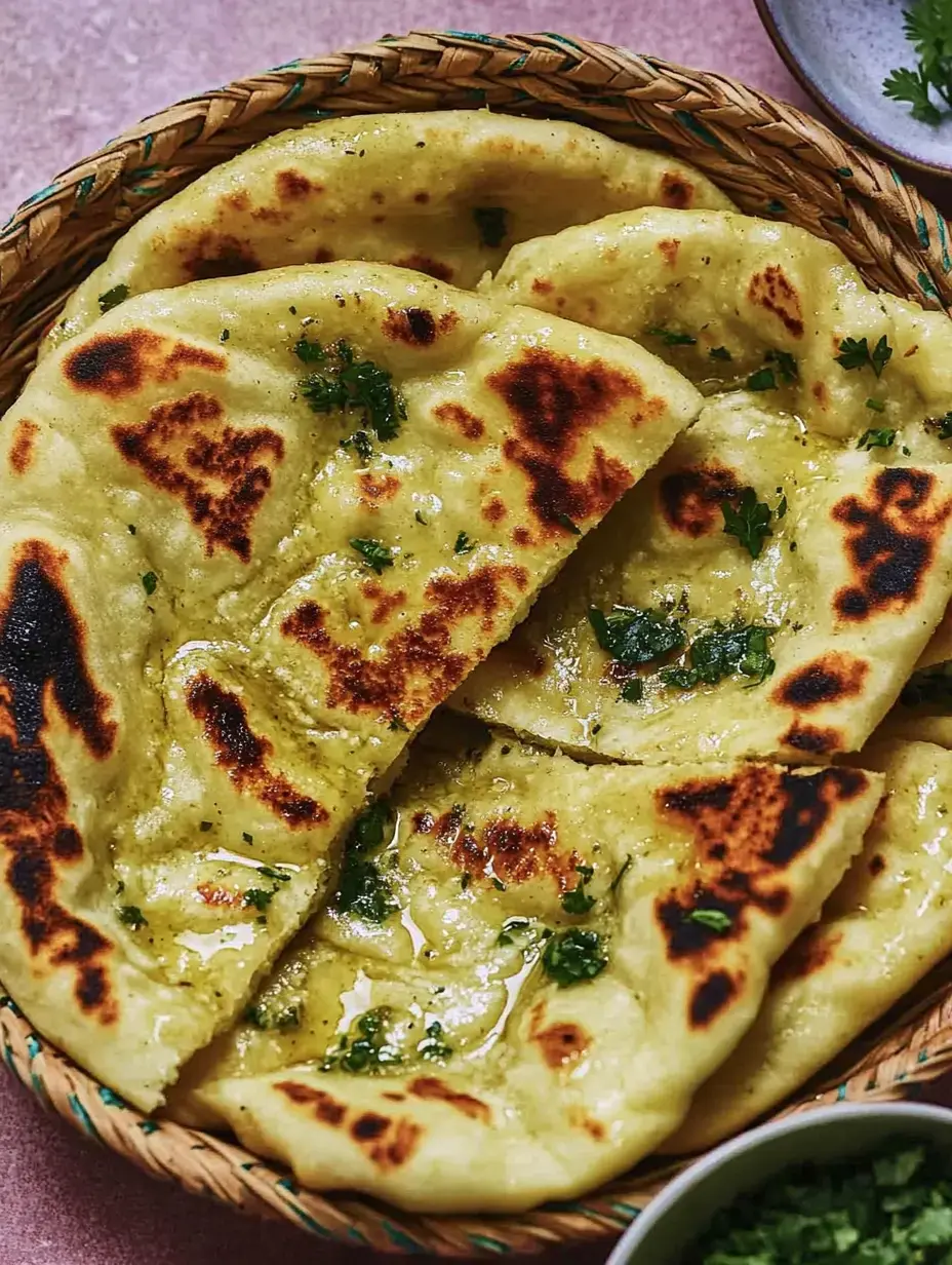 Un panier rempli de naans chauds garnis d'herbes et partiellement badigeonnés d'huile aromatique.
