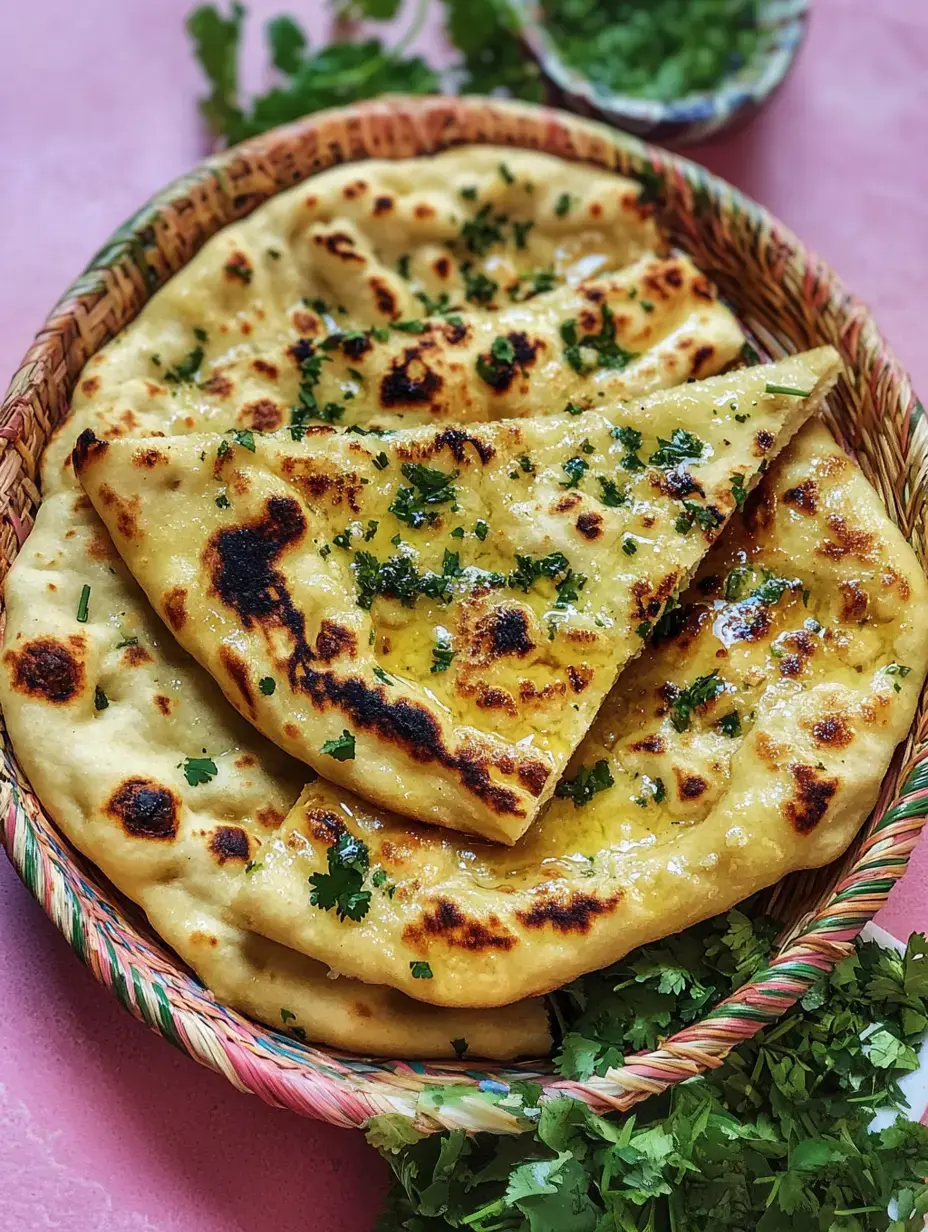Un joli panier contenant des naans tout chauds, parsemés de coriandre et d'un soupçon de beurre fondu.