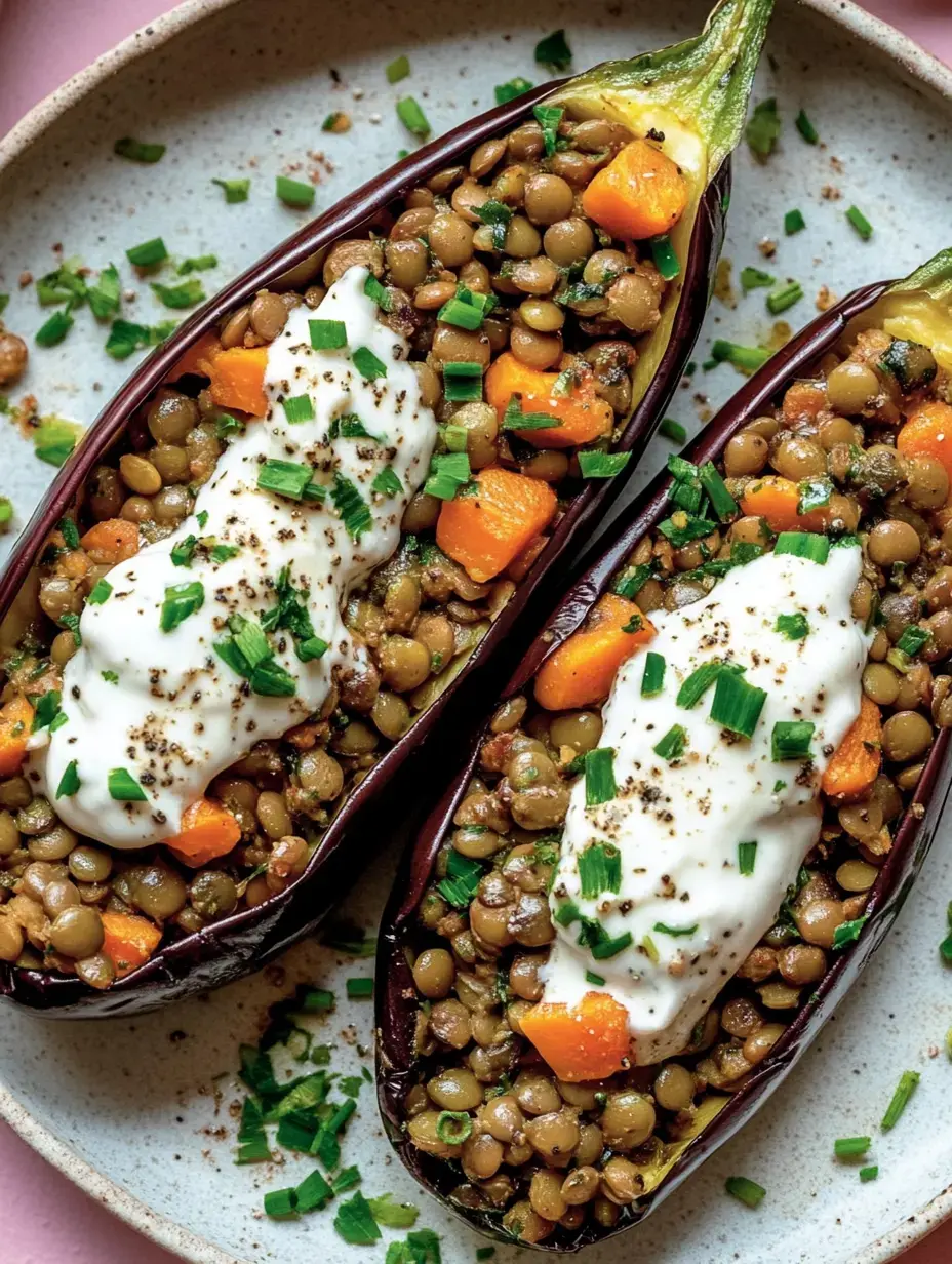 Moitiés d'aubergines cuites garnies de lentilles et courge, couvertes de yaourt et verdure fraîche.