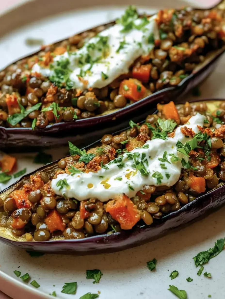 Moitiés d'aubergines garnies de lentilles et carottes avec sauce à l'aneth et crème, décorées de persil frais.