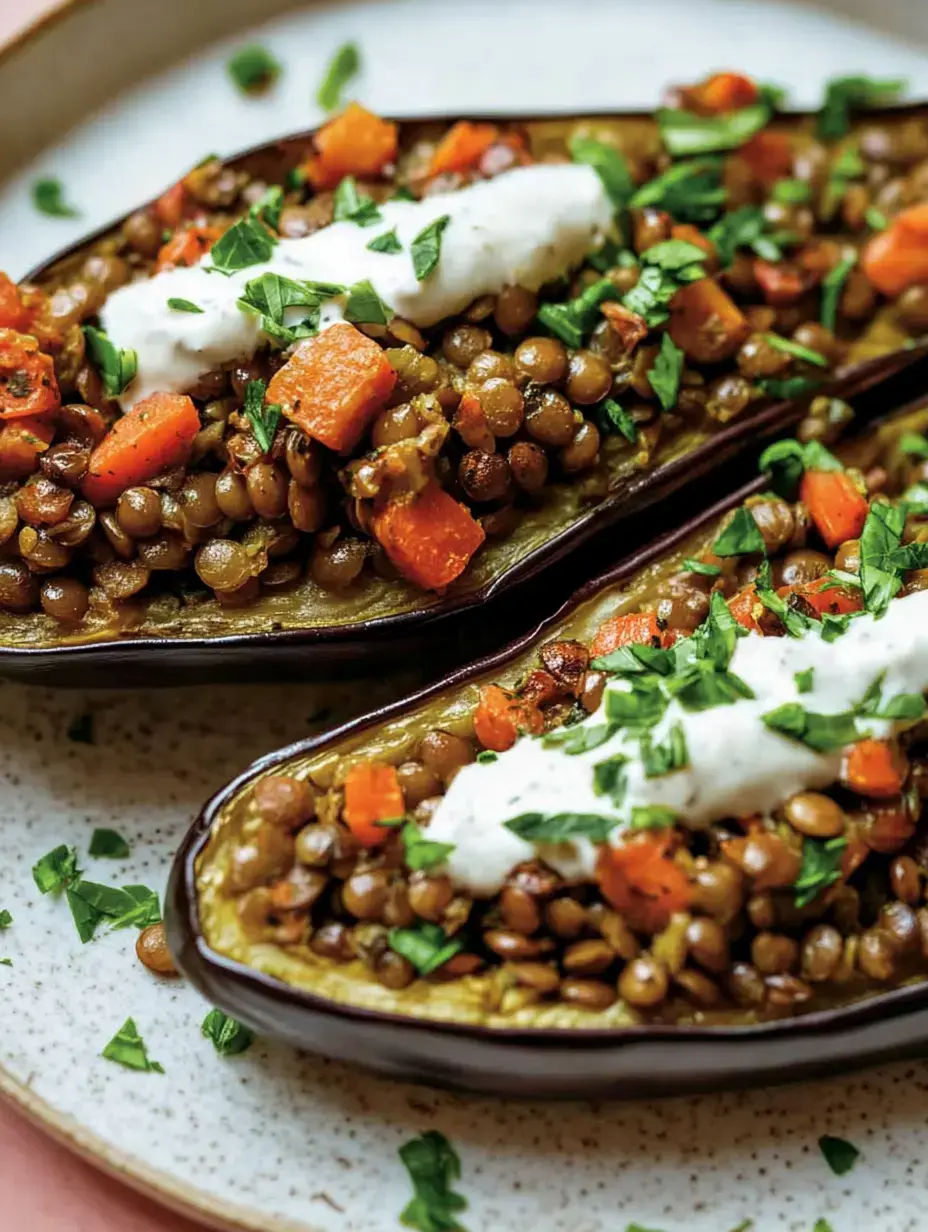 Moitiés d'aubergines garnies de lentilles et carottes avec un peu de yaourt, ornées de persil frais.