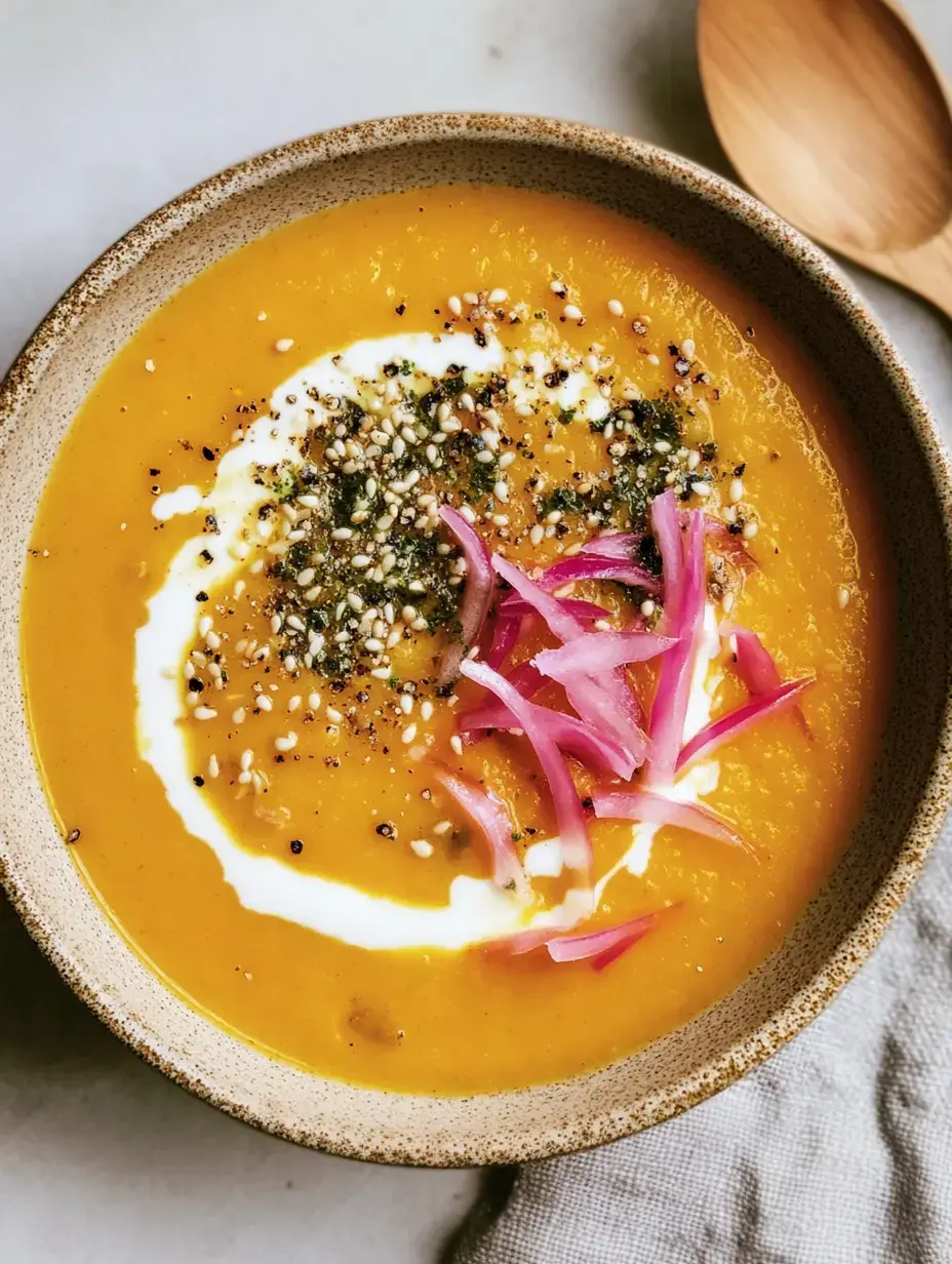Soupe orangée servie avec crème, sésame, épices et lamelles d'oignon rouge.