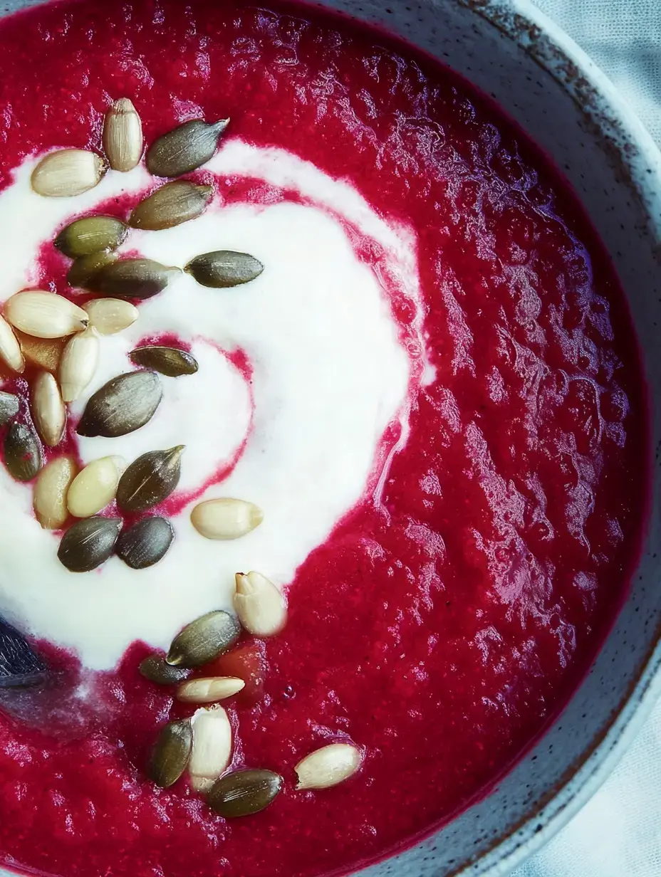 Une soupe veloutée de betterave décorée de crème et parsemée de graines croustillantes.
