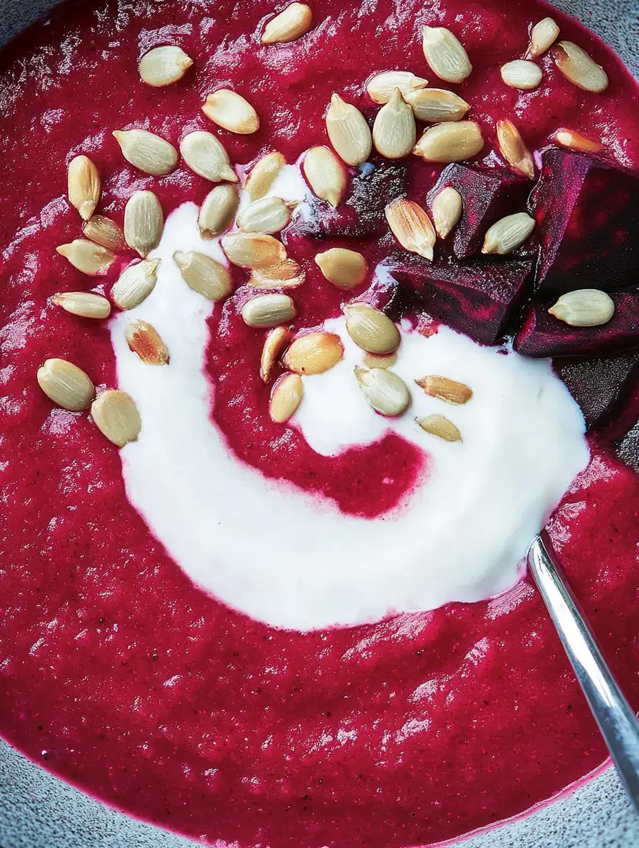 Une soupe rouge intense avec une touche de yaourt et des graines grillées, agrémentée de dés de betterave.