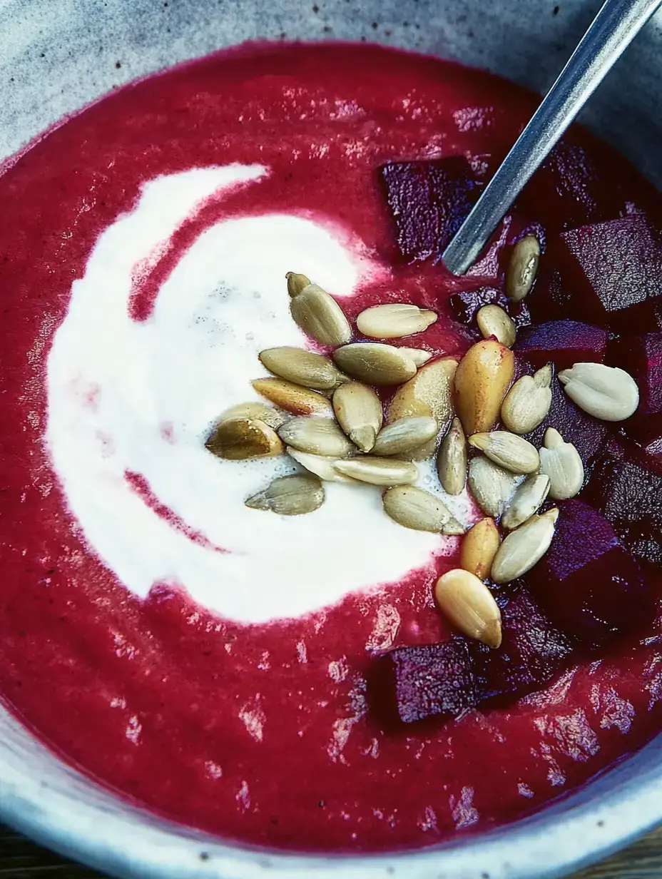 Un bol de soupe pourpre, décorée de crème, petits morceaux de betterave et graines variées.