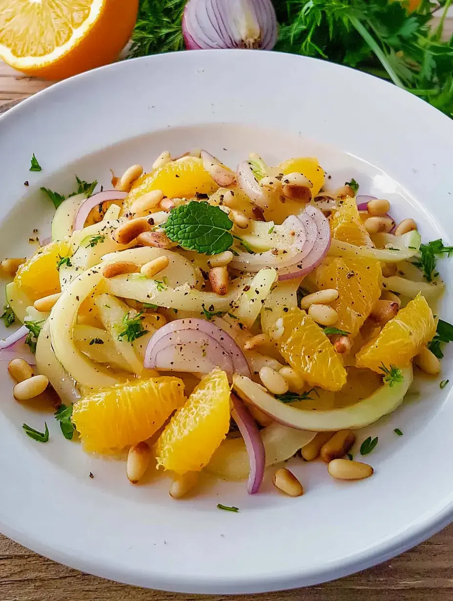 Un bol blanc rempli d'une salade fraîche mêlant pommes, oranges, oignons rouges, pignons et fines herbes.