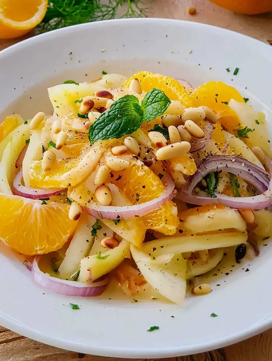 Un bol blanc contenant une salade fraîche de pommes, oranges, oignons rouges et pignons avec quelques feuilles de menthe.