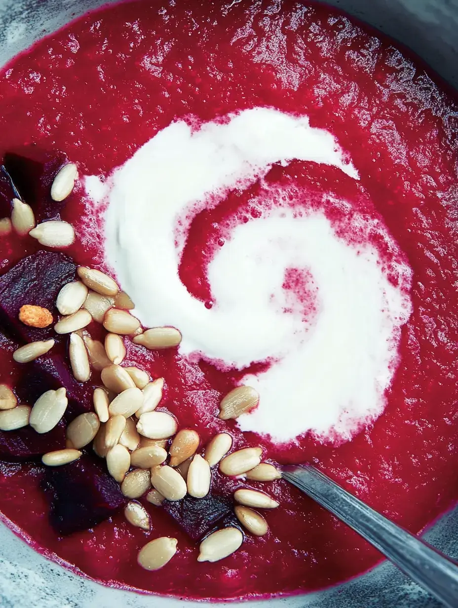 Un bol de soupe écarlate, agrémentée d'un filet de crème et de graines de courge dorées.