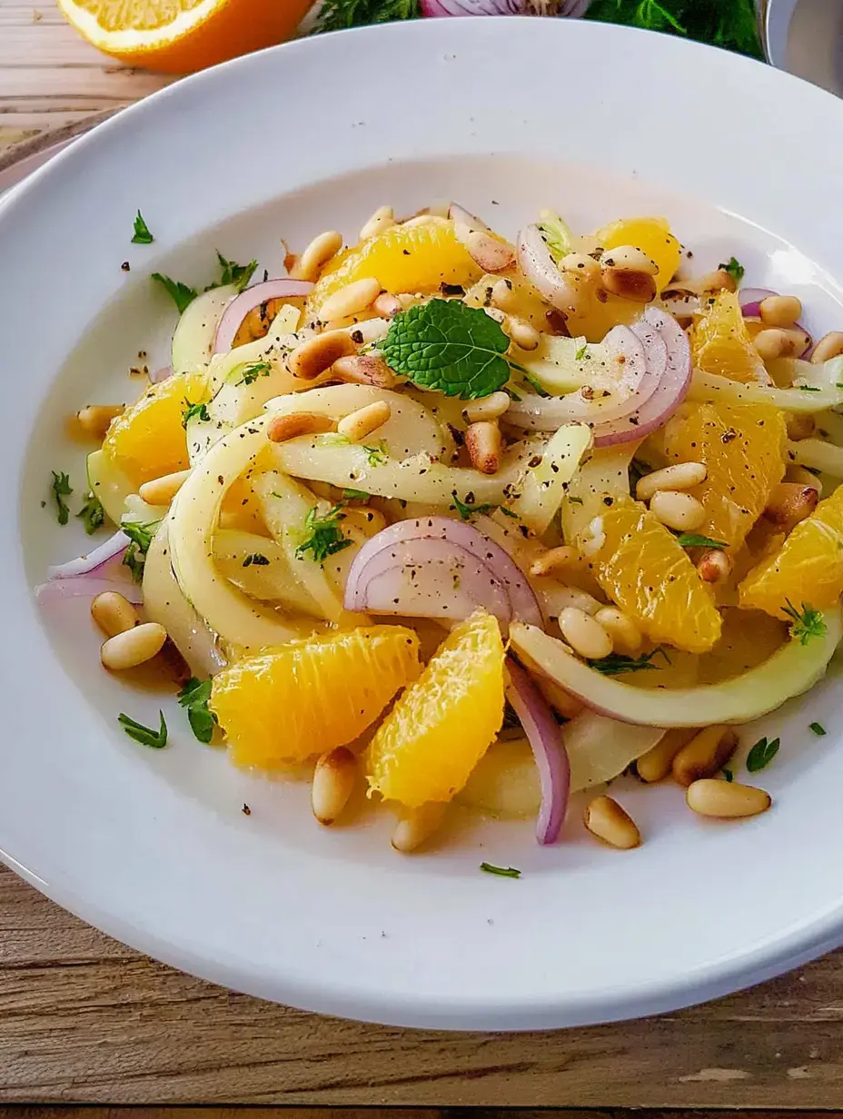 Une belle salade de légumes finement coupés avec des morceaux d'orange, oignons rouges et pignons, le tout parsemé d'herbes fraîches.
