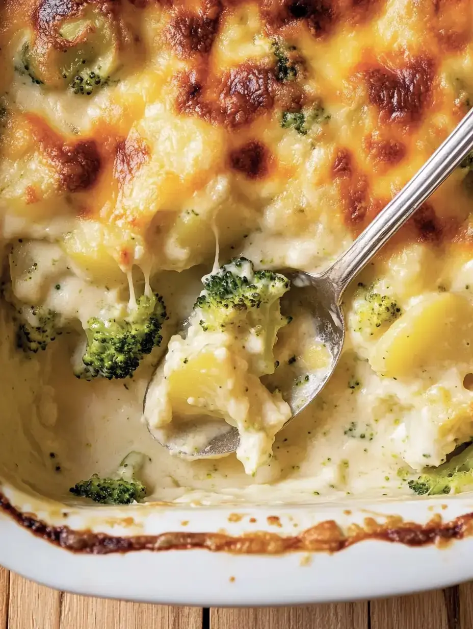 Un gratin de pommes de terre et brocoli nappé de sauce onctueuse.