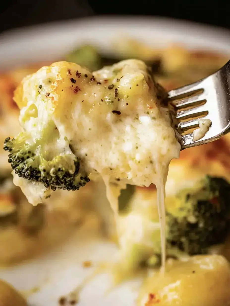Une portion de gratin au brocoli et fromage soulevée avec une fourchette.