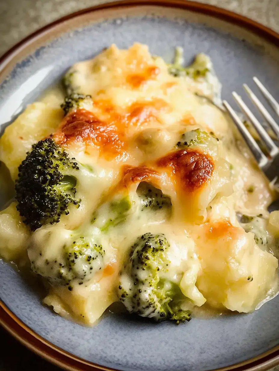 Une assiette de gratin onctueux au brocoli et fromage, bien doré et servi dans un plat bleu.