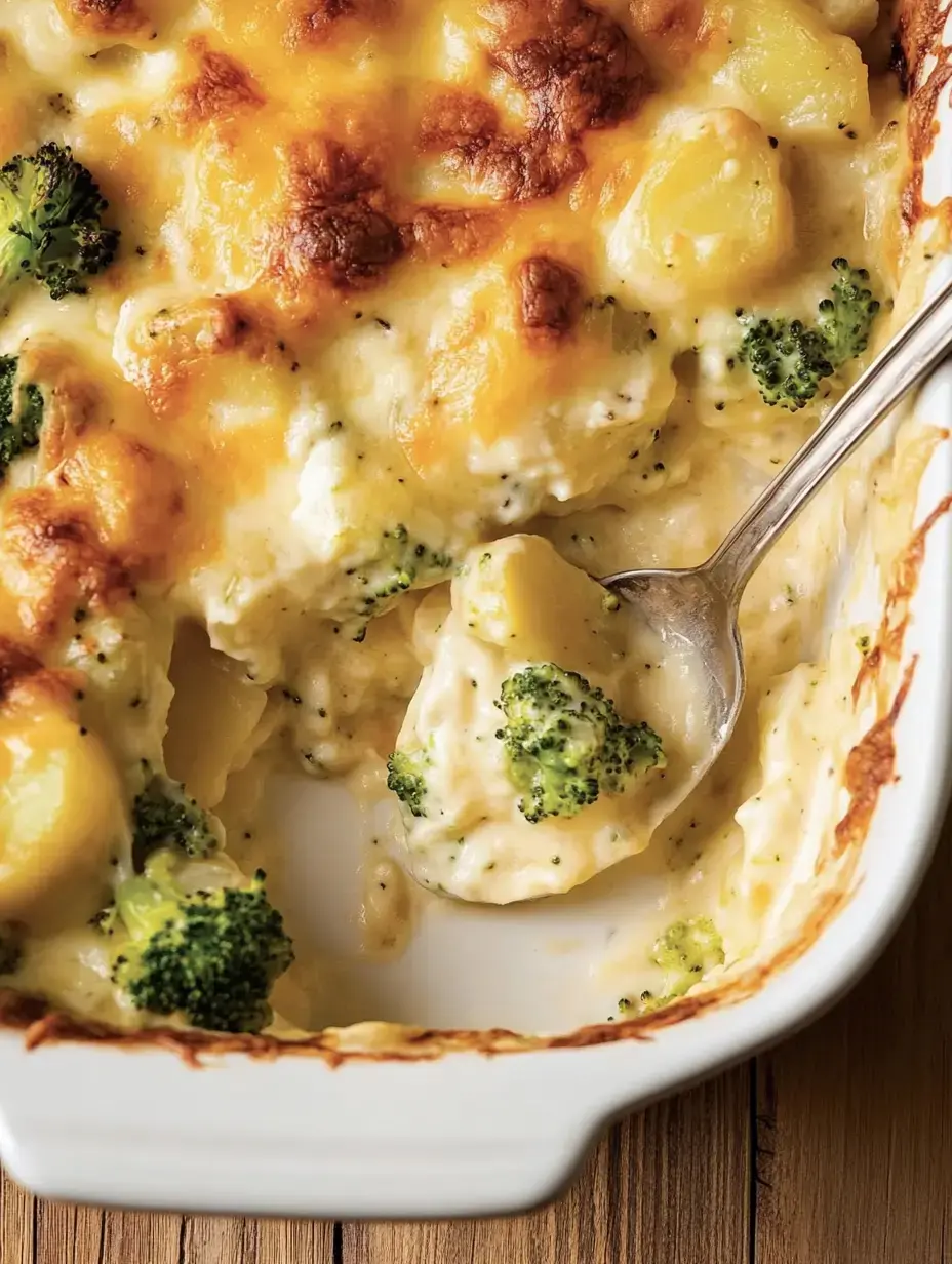 Un gratin onctueux de pommes de terre et brocoli avec une couche de fromage doré dans un plat blanc.