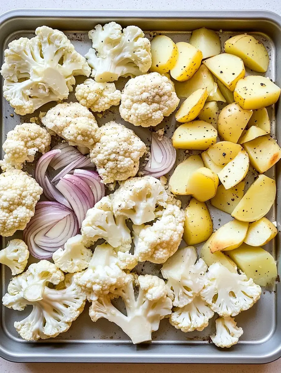Une plaque avec des bouquets de chou-fleur, des oignons rouges et des pommes de terre en dés, assaisonnés de poivre.