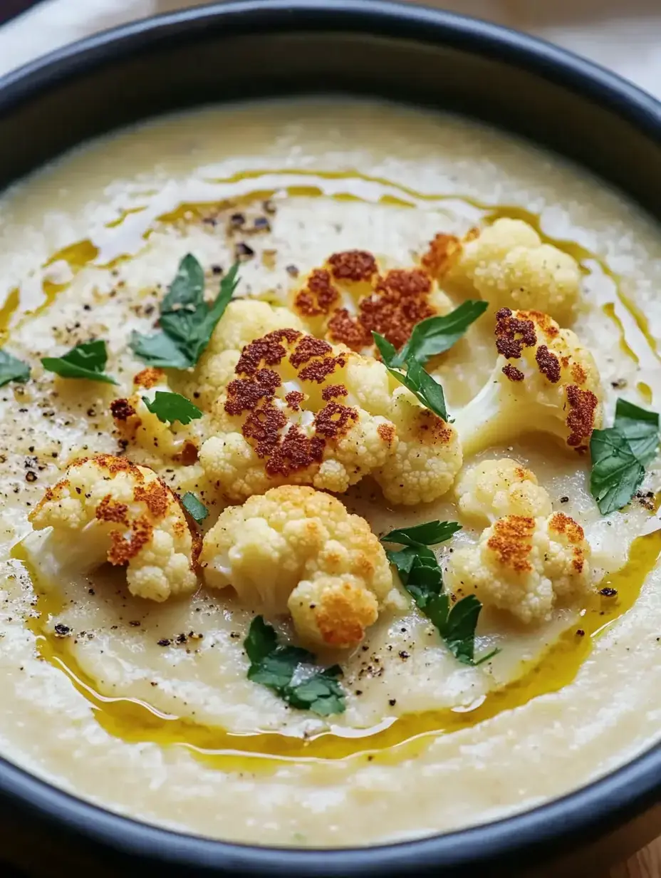 Une soupe crémeuse au chou-fleur, garnie de bouquets de chou-fleur rôtis et de persil frais.