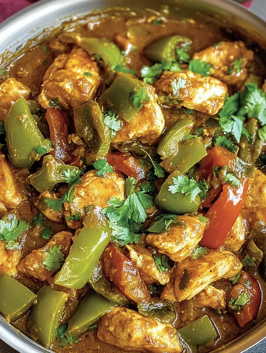 Le plat présente des morceaux de poulet tendres, des poivrons aux couleurs vives et de la coriandre fraîche dans une sauce relevée.