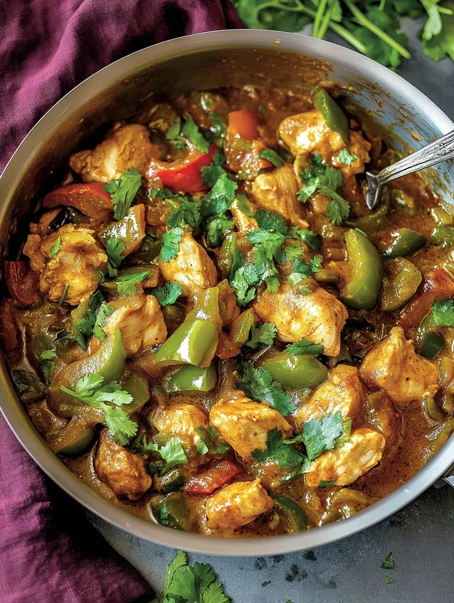 Un faitout contenant des morceaux de poulet avec des légumes colorés, décoré de coriandre.
