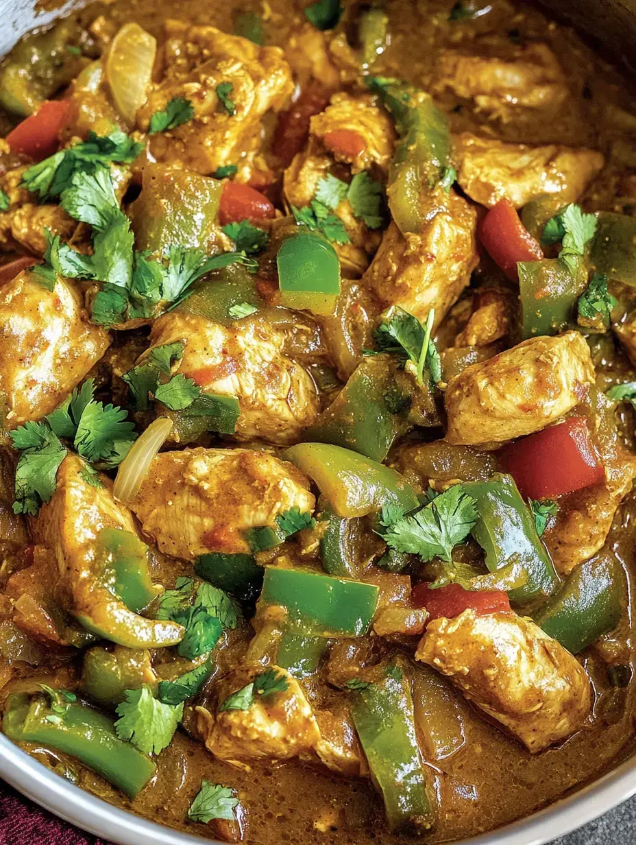 Un plat généreux de poulet avec des poivrons verts et rouges, garni d'herbes fraîches dans une sauce épicée.