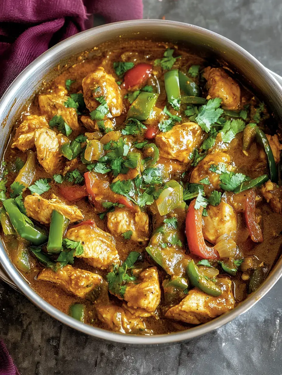 Une cocotte avec du poulet mijoté dans une sauce relevée, agrémentée de poivrons colorés et de coriandre fraîche.