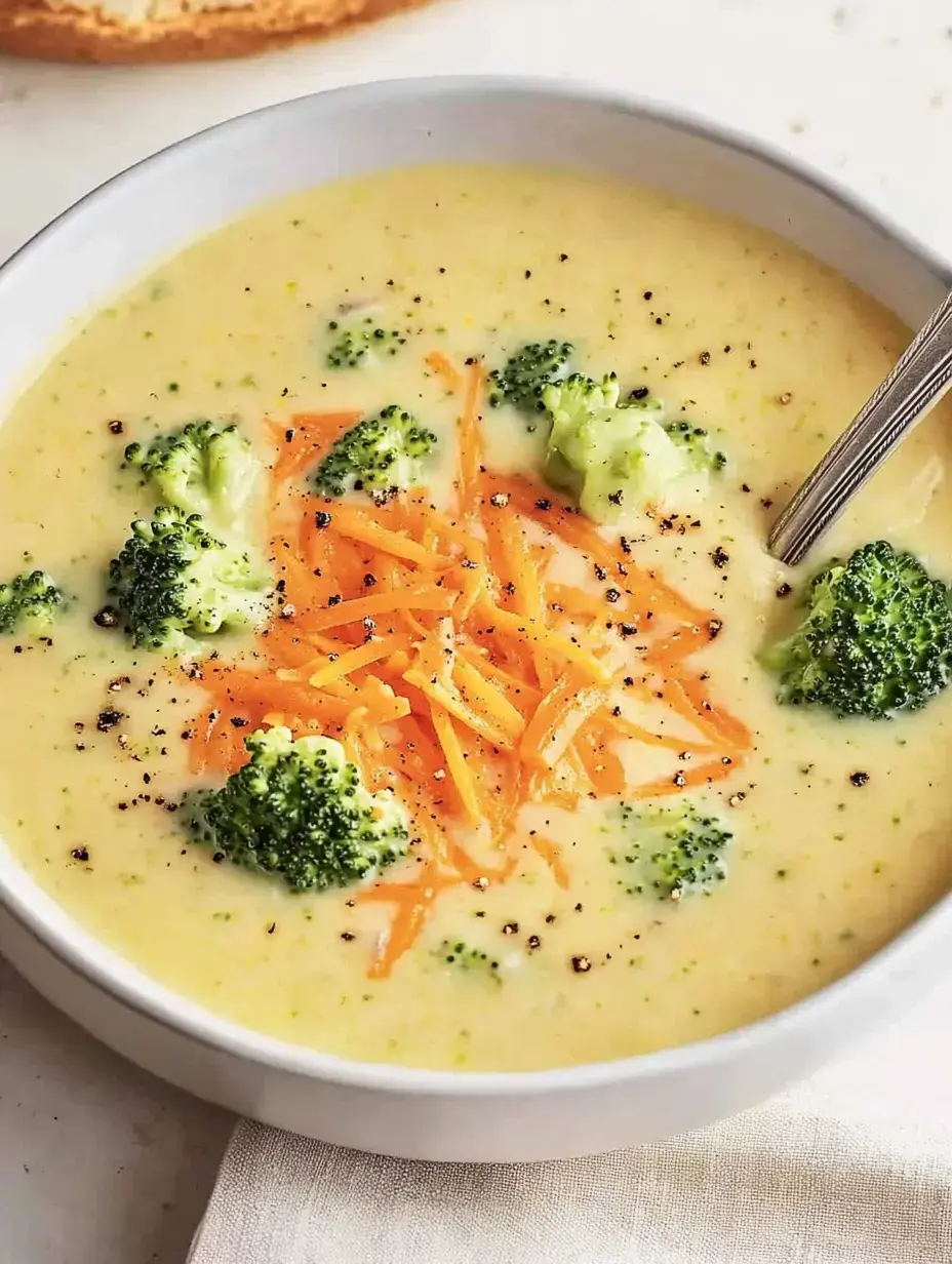 Un bol de velouté crémeux brocoli-fromage, parsemé de carottes fraîchement râpées et de poivre noir moulu.