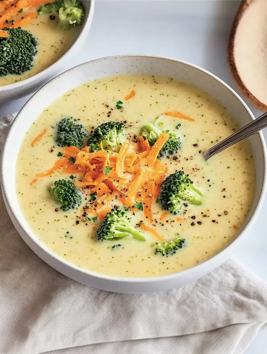 Un bol de soupe brocoli-carotte garni de carottes râpées, de petites têtes de brocoli et de poivre sur une table claire.