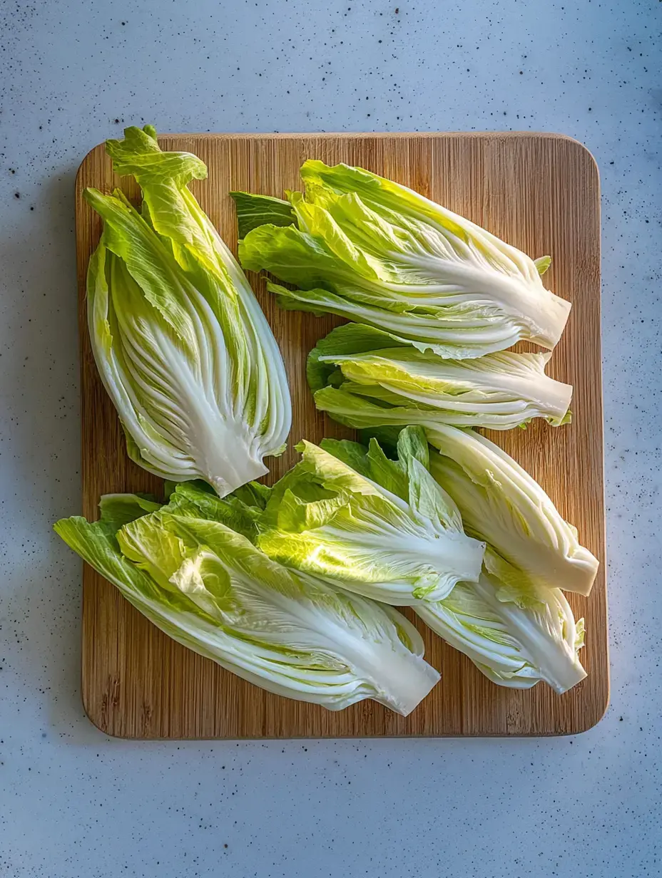 Plusieurs pak choï coupés en deux montrant leurs feuilles vertes vives posés sur une planche en bois.