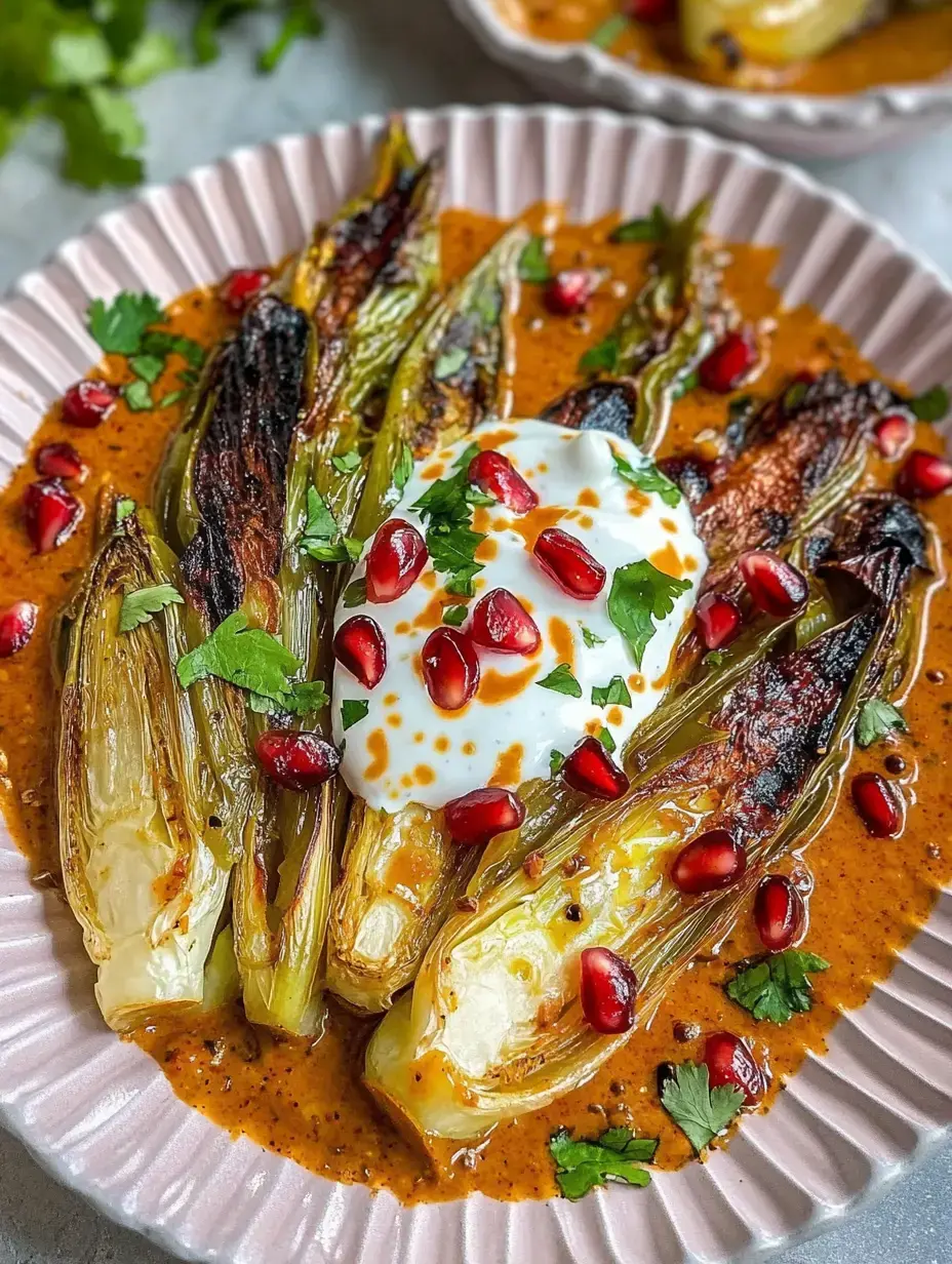 Un plat de légumes grillés entourés d'une sauce crémeuse, parsemé de graines de grenade et feuilles de coriandre.