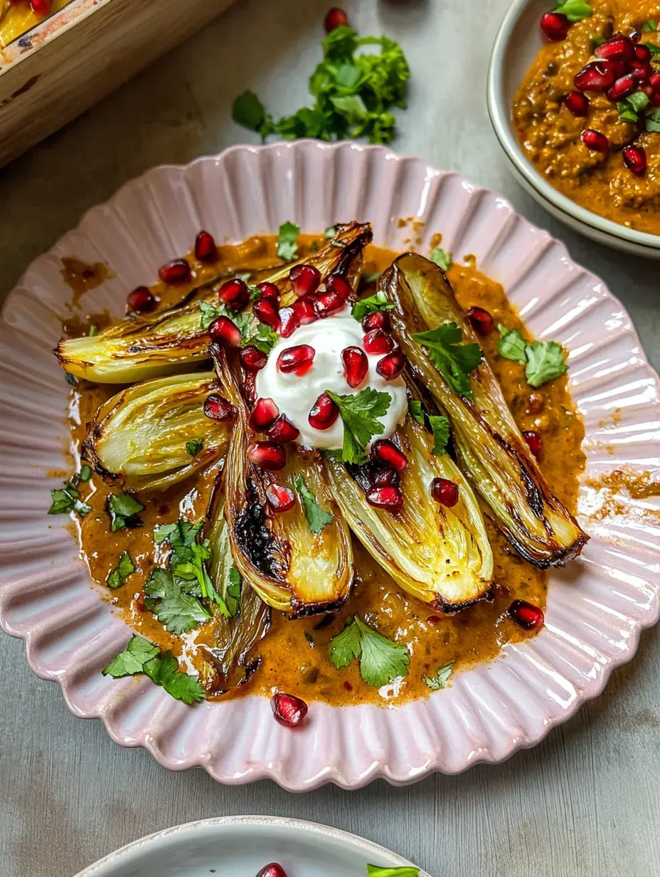 Une belle présentation artistique de légumes grillés avec yaourt, graines de grenade et coriandre sur assiette rose.