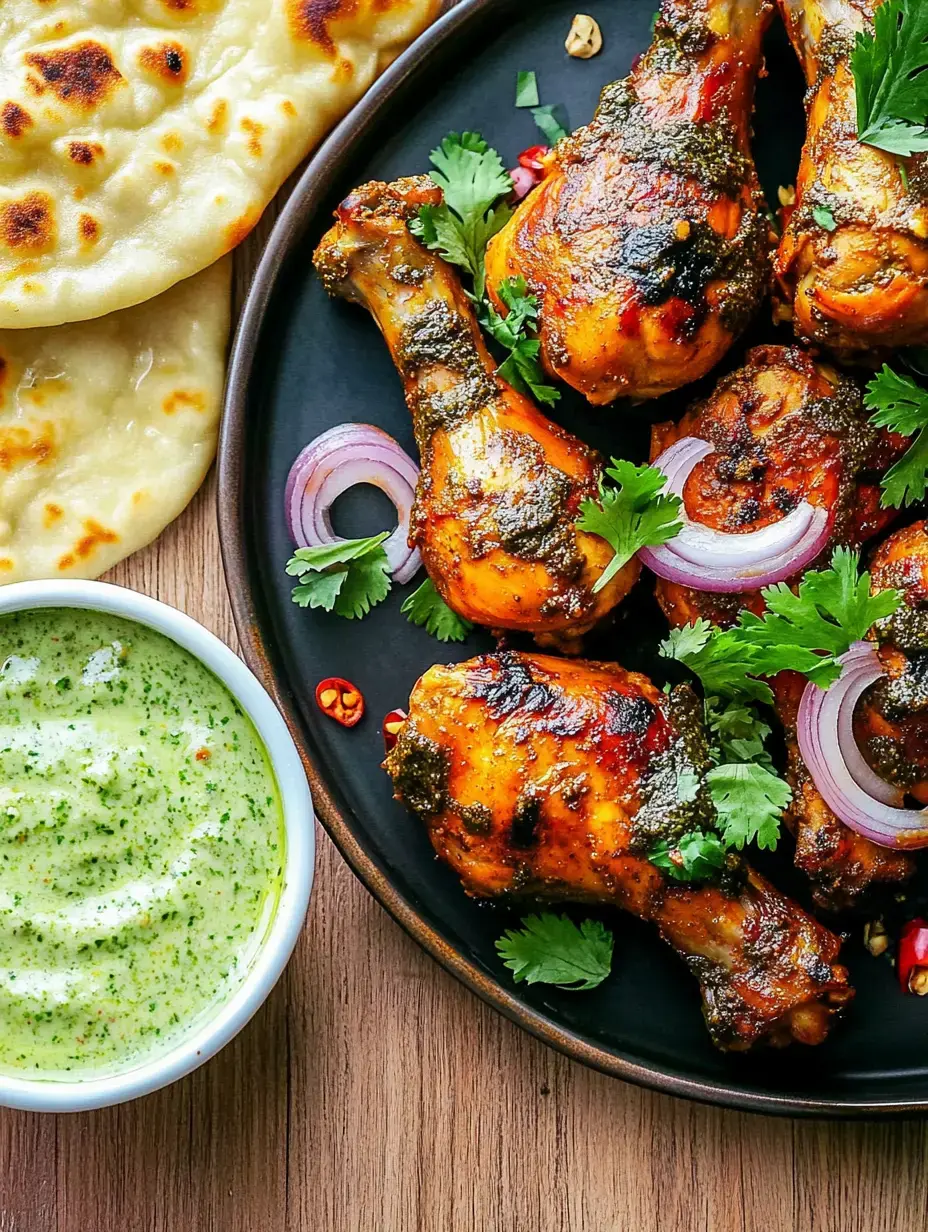 Un plat de cuisses de poulet grillées, avec de la coriandre fraîche et des oignons, accompagné de deux pains naan et d'un bol de sauce verte.