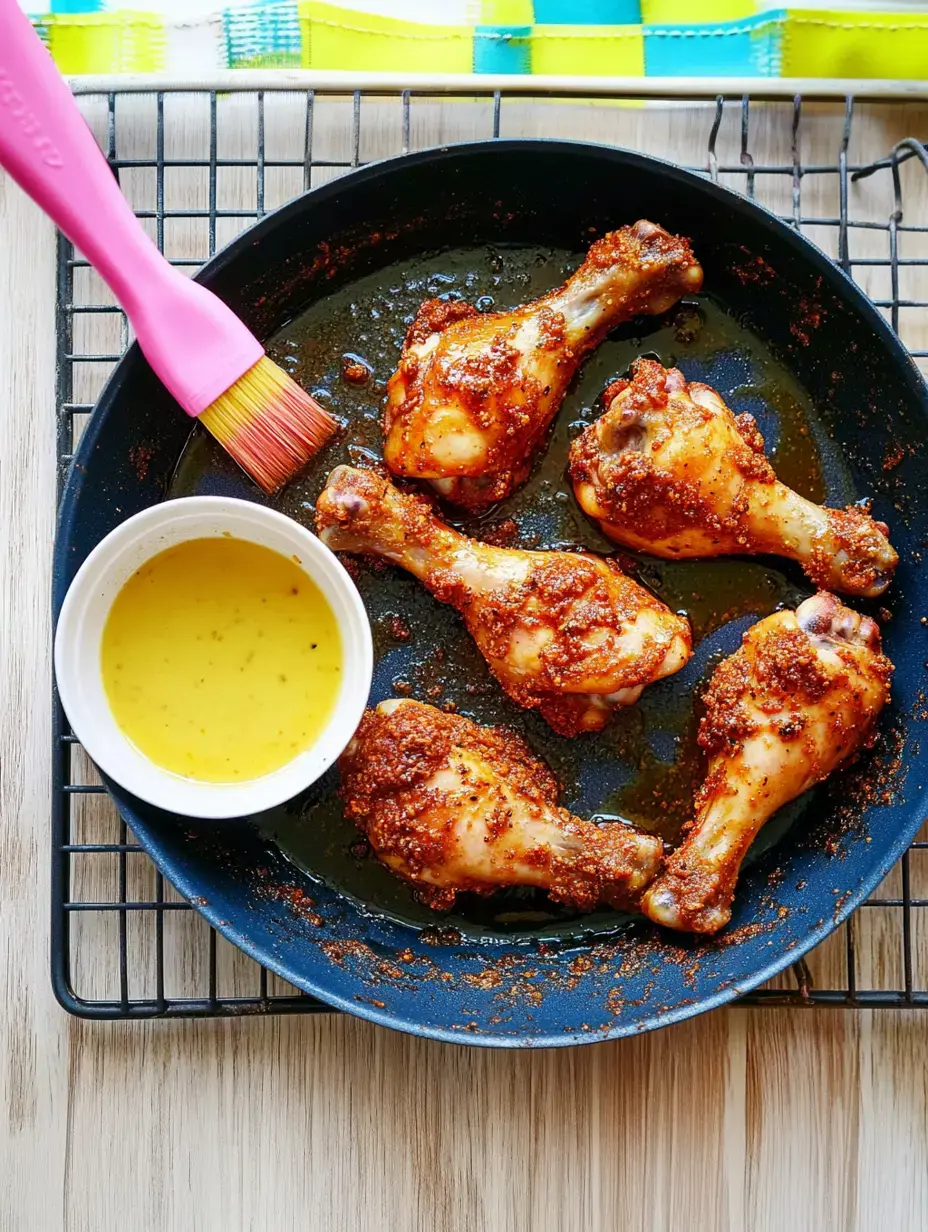 Un plat de cuisses de poulet épicées avec un petit bol de sauce et un pinceau de cuisine à côté.