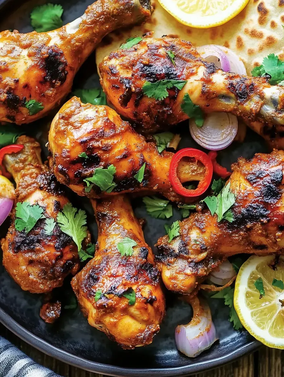 Un plat de cuisses de poulet grillées, garnies de coriandre, d'oignons et de piments rouges, avec un quartier de citron et une galette de pain.
