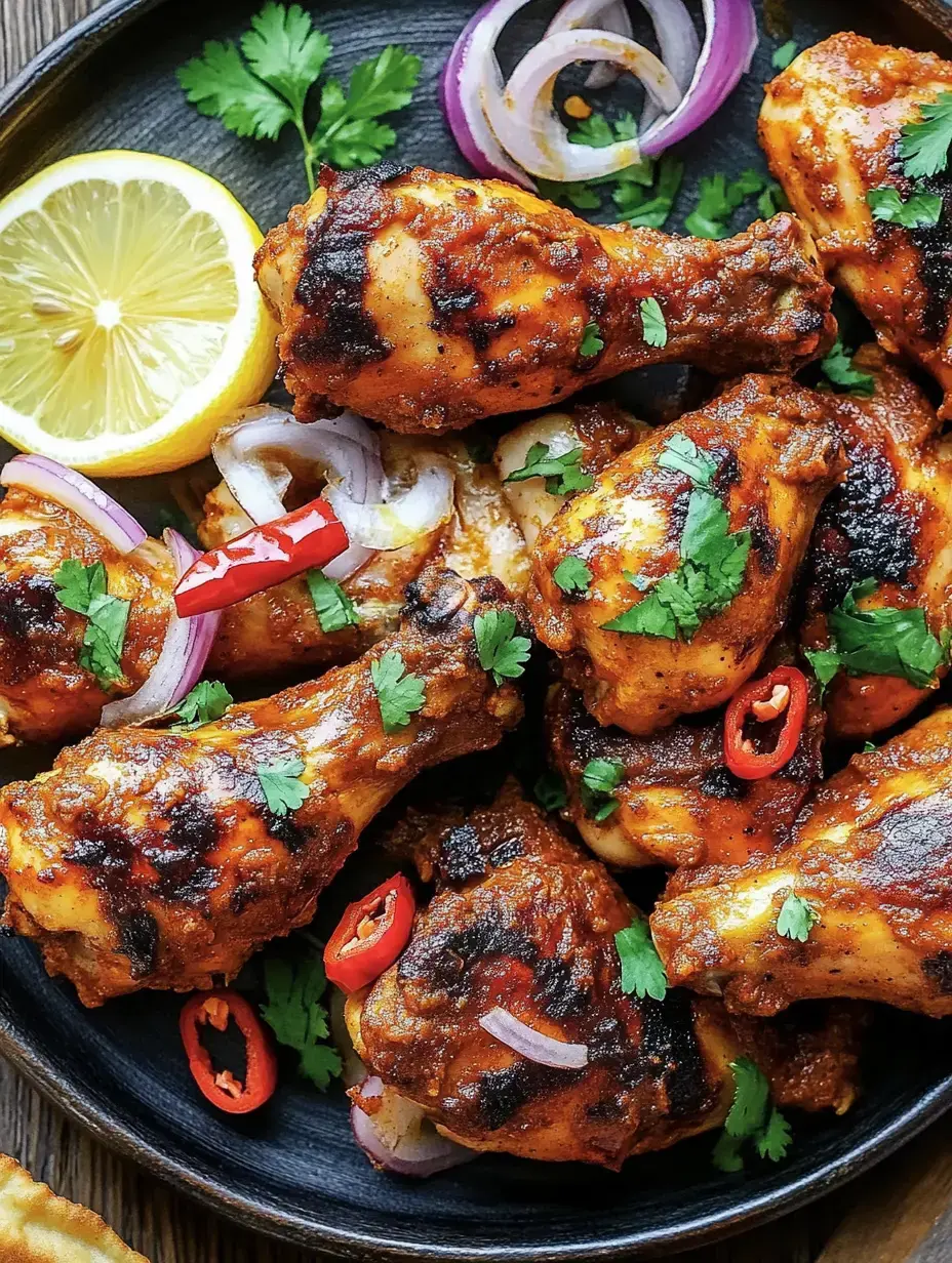 Cuisses de poulet grillées avec sauce orangée, garnies d'oignons rouges, de coriandre et un quartier de citron.